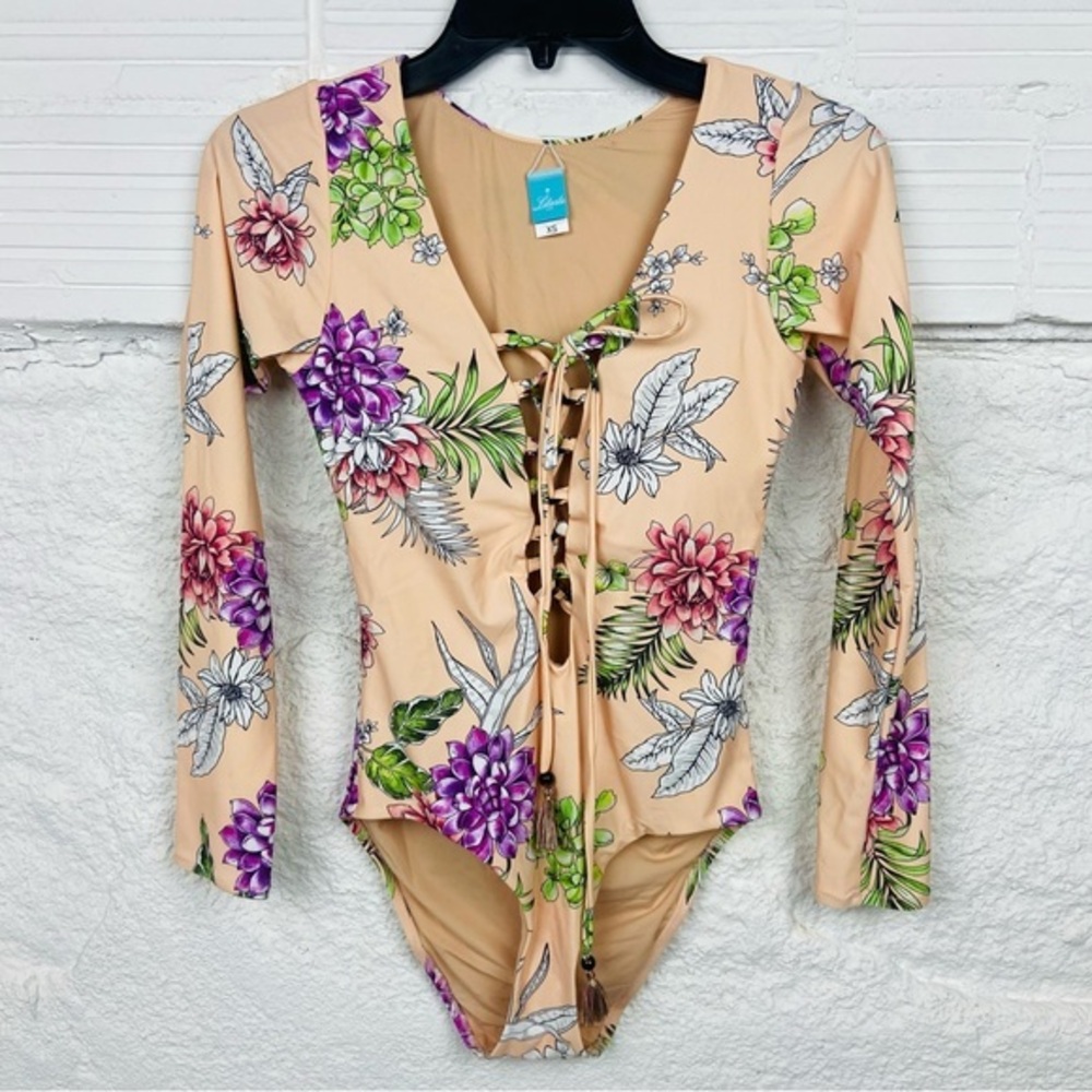 NWOT LETARTE floral peach lace up front long sleeve one piece swimsuit size XS